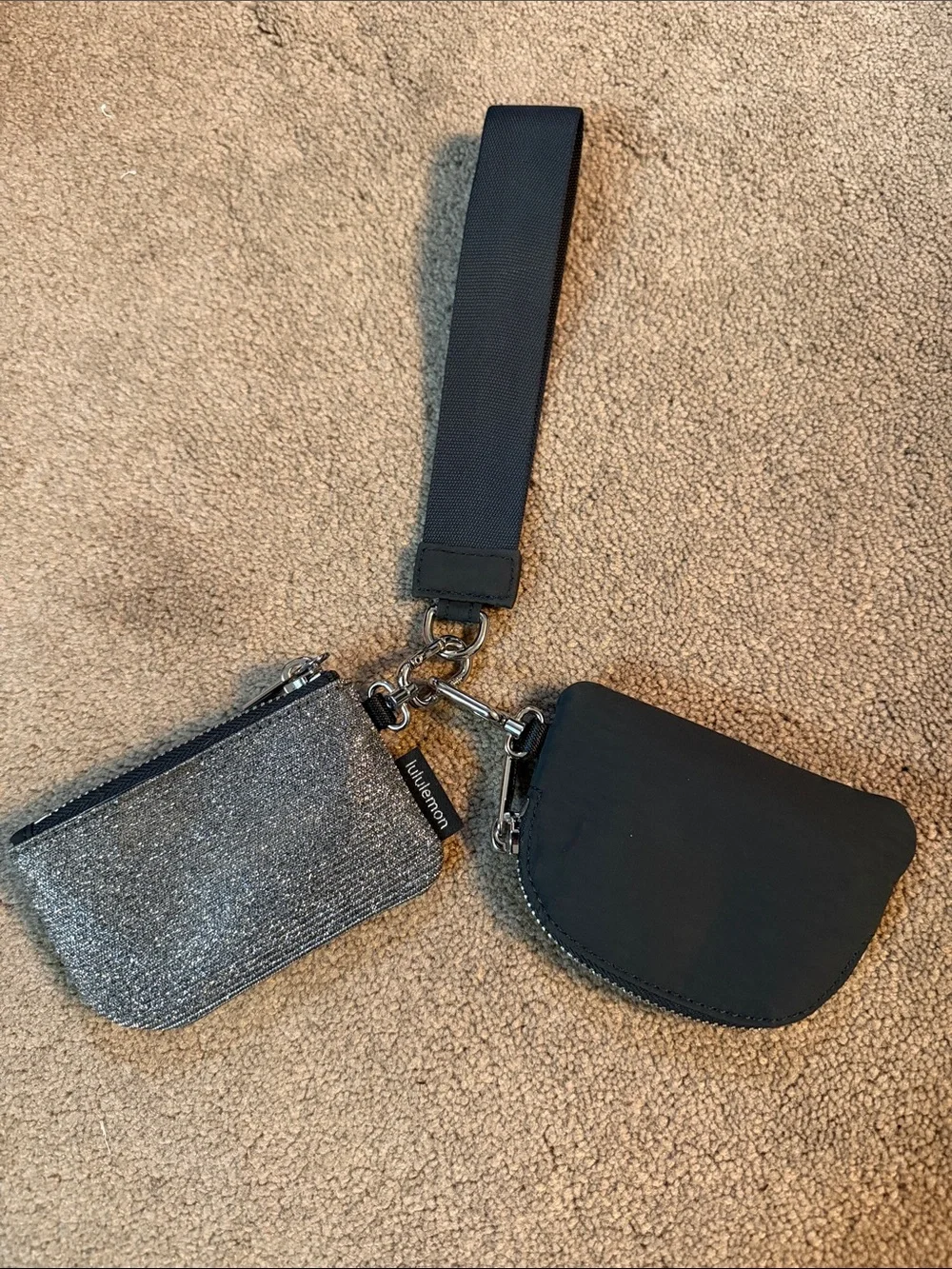 lululemon athletica Black/Gray Wristlet Key Pouch with Silver Glitter Card Case